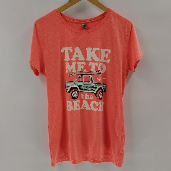 Instant Message Pullover Tee Size Large Coral Take Me To The Beach Old Jeep - Picture 1 of 7